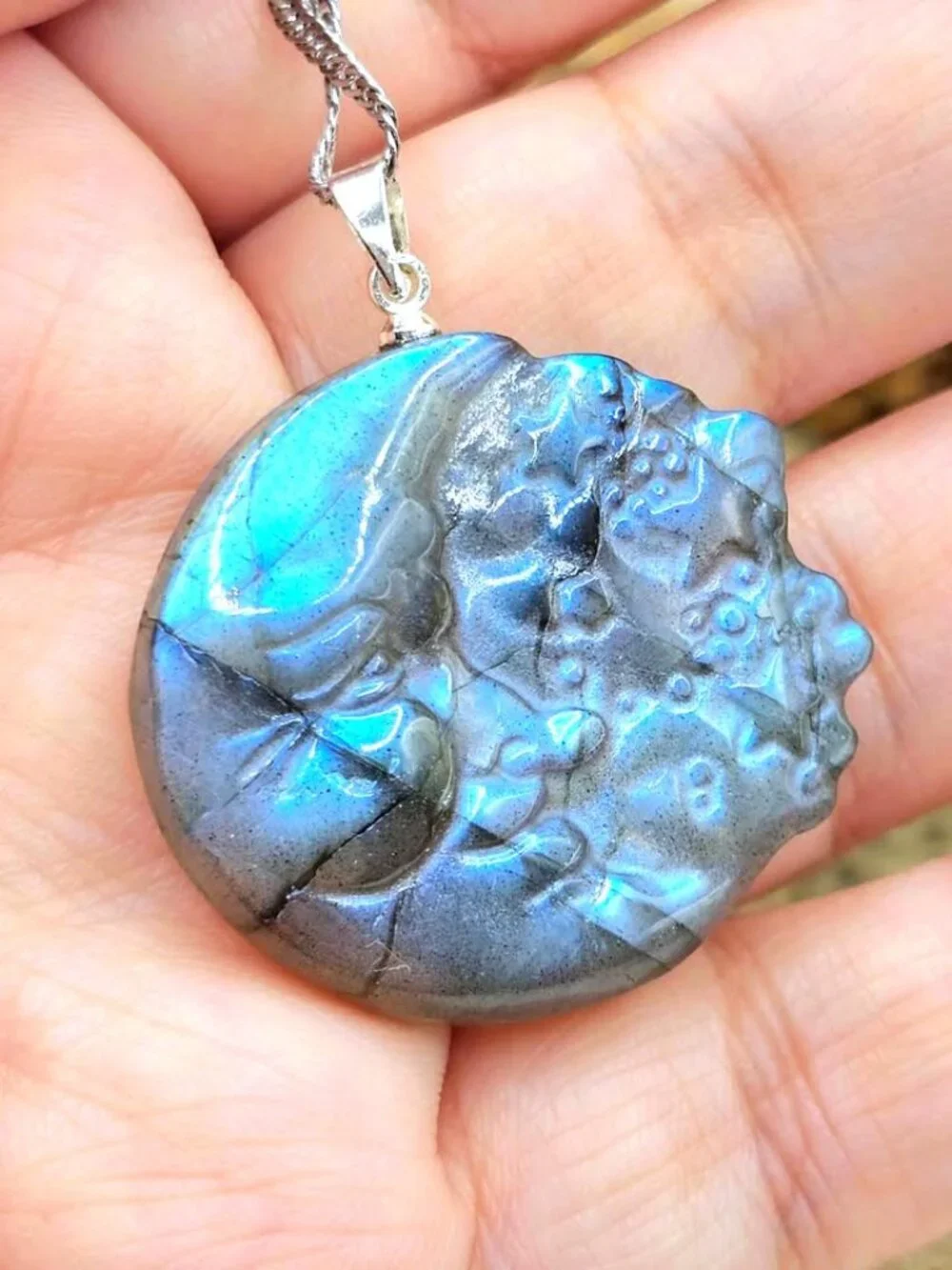 Labradorite Crescent Moon Carved Pendant Flashy Crystal Necklace 1.3 Inch